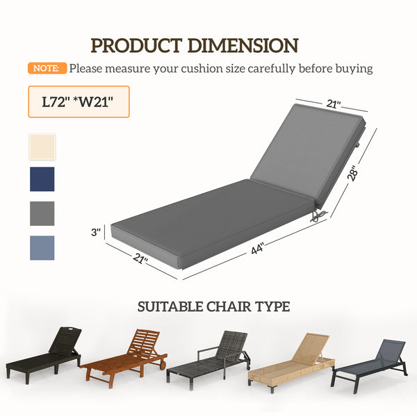Chaise Lounge Cushions Outdoor Set of 2, Fade Resistant, 72 x 21 x 3 In Sun Lounger Replacement Cushions, Patio Lounge Chair Pads with Removable Cover for Pool, Beach, Deck, Lawn, Gray