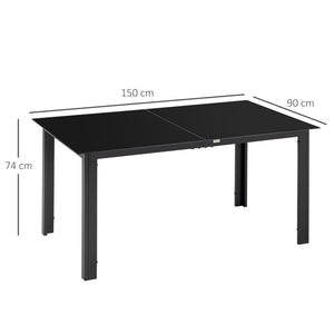 Outdoor Dining Table for 6, Aluminium Rectangular Garden Table with Tempered Glass Tabletop for Yard, Deck, Patio, 150 x 90 x 74 cm, Black