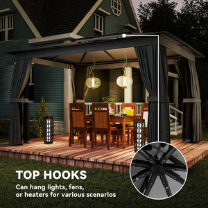 10' x 12' Outdoor Patio Gazebo, Soft Top Gazebo Canopy Shelter with Double Roof, Curtains, Netting, Steel Frame, UPF30+ Protection, Ceiling Hooks for Lawn, Backyard, Deck, Dark Gray