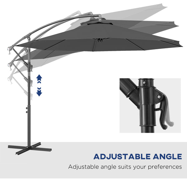 10' Deluxe Patio Umbrella, Outdoor Market Parasol, Banana Hanging Offset Sunshade with Crank, Cross Base, Grey