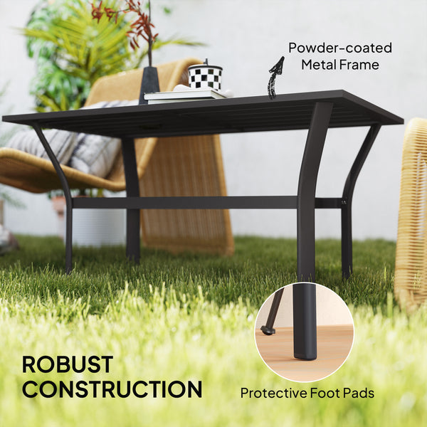 Outdoor Coffee Table, All-Weather Rectangle Metal Patio Coffee Table with Slatted Tabletop for Outside, Patio, Garden, Balcony, Backyard, Black