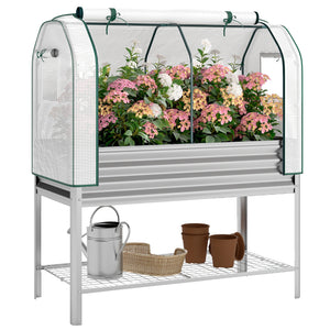 Galvanised Raised Garden Bed with Greenhouse Cover, Metal Elevated Garden Bed with Legs, Bed Liner and Bottom Shelf, Outdoor Raised Planter Box for Vegetables, Herbs, Flowers, Silver