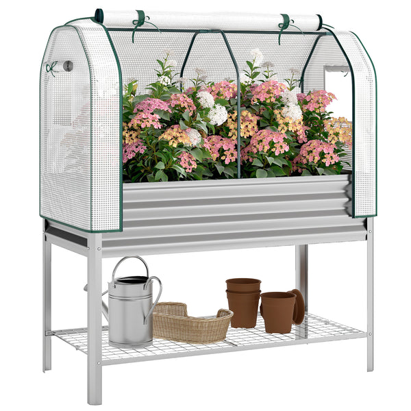 Galvanised Raised Garden Bed with Greenhouse Cover, Metal Elevated Garden Bed with Legs, Bed Liner and Bottom Shelf, Outdoor Raised Planter Box for Vegetables, Herbs, Flowers, Silver