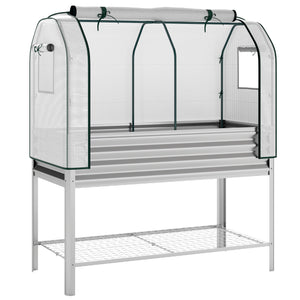 Galvanised Raised Garden Bed with Greenhouse Cover, Metal Elevated Garden Bed with Legs, Bed Liner and Bottom Shelf, Outdoor Raised Planter Box for Vegetables, Herbs, Flowers, Silver