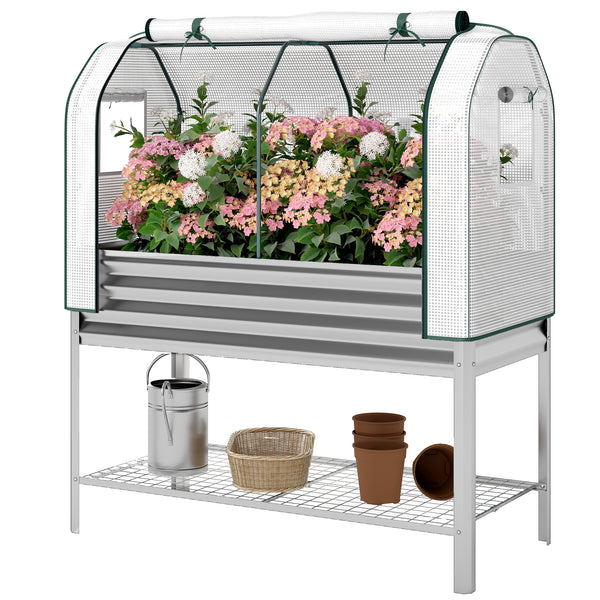 Galvanised Raised Garden Bed with Greenhouse Cover, Metal Elevated Garden Bed with Legs, Bed Liner and Bottom Shelf, Outdoor Raised Planter Box for Vegetables, Herbs, Flowers, Silver