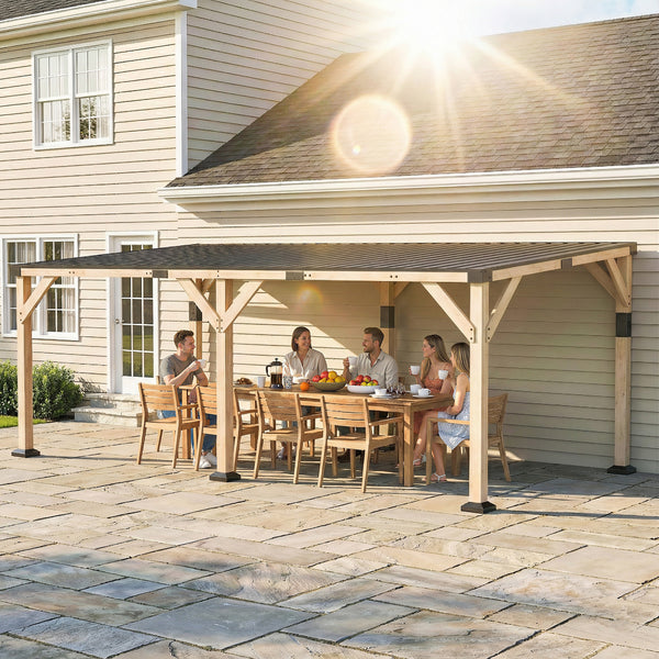 10' x 20' Wooden Gazebo, Hardtop Lean-to Gazebo Pergola with Galvanized Steel Sloped Roof, Large Heavy Duty Awning for Patio, Deck, Backyard, Light Walnut