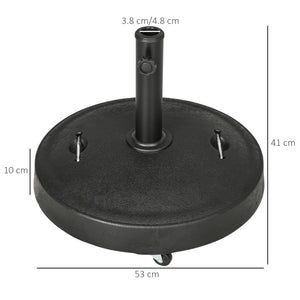 23.5kg Resin Garden Parasol Base with Wheels and Retractable Handles, Round Outdoor Market Umbrella Stand Weight for Poles of Φ38mm to Φ48mm, Black
