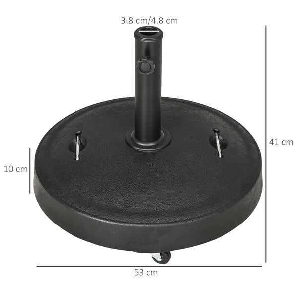 23.5kg Resin Garden Parasol Base with Wheels and Retractable Handles, Round Outdoor Market Umbrella Stand Weight for Poles of Φ38mm to Φ48mm, Black