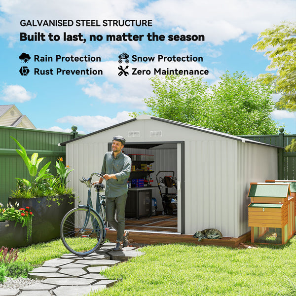 11' x 13' Garden Storage Shed with Foundation Kit, Metal Tool Storage House with Double Doors for Outdoor Patio Yard, White