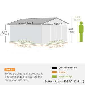 11' x 13' Garden Storage Shed with Foundation Kit, Metal Tool Storage House with Double Doors for Outdoor Patio Yard, White