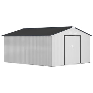 11' x 13' Garden Storage Shed with Foundation Kit, Metal Tool Storage House with Double Doors for Outdoor Patio Yard, White
