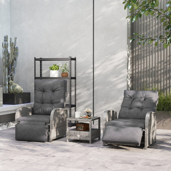3 Pieces Rattan Bistro Set, Wicker Balcony Furniture Set with Reclining Sun Loungers, 2-Tier Coffee Table and Cushions, 2 Seater Garden Furniture for Outdoor Patio Balcony, Grey