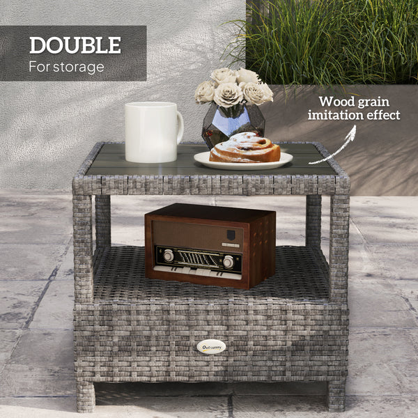 3 Pieces Rattan Bistro Set, Wicker Balcony Furniture Set with Reclining Sun Loungers, 2-Tier Coffee Table and Cushions, 2 Seater Garden Furniture for Outdoor Patio Balcony, Grey