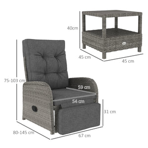 3 Pieces Rattan Bistro Set, Wicker Balcony Furniture Set with Reclining Sun Loungers, 2-Tier Coffee Table and Cushions, 2 Seater Garden Furniture for Outdoor Patio Balcony, Grey