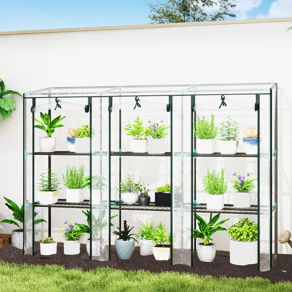 3 Tier Lean-to Mini Greenhouse with Reinforced Plastic Cover, Portable Indoor Outdoor Green House with 3 Roll-up Doors and 9 Wire Shelves, 151H x 215W x 46Dcm, Clear