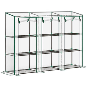 3 Tier Lean-to Mini Greenhouse with Reinforced Plastic Cover, Portable Indoor Outdoor Green House with 3 Roll-up Doors and 9 Wire Shelves, 151H x 215W x 46Dcm, Clear