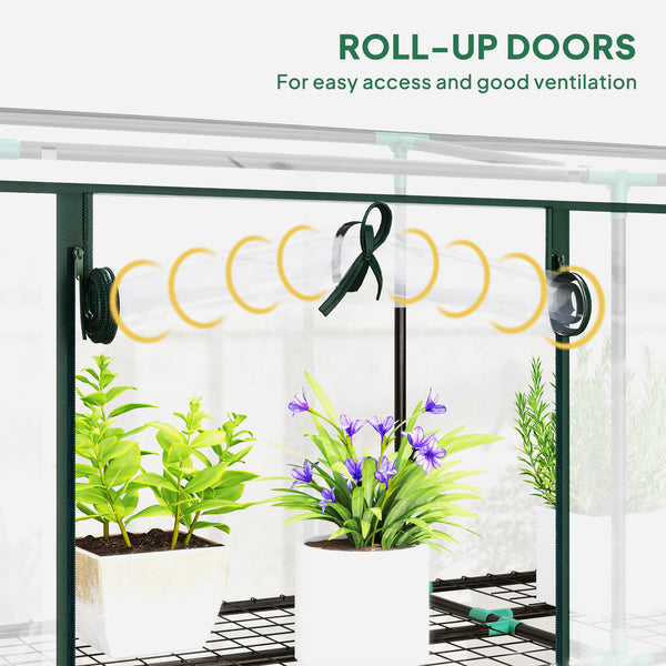 3 Tier Lean-to Mini Greenhouse with Reinforced Plastic Cover, Portable Indoor Outdoor Green House with 3 Roll-up Doors and 9 Wire Shelves, 151H x 215W x 46Dcm, Clear
