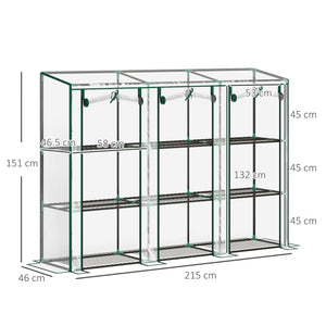 3 Tier Lean-to Mini Greenhouse with Reinforced Plastic Cover, Portable Indoor Outdoor Green House with 3 Roll-up Doors and 9 Wire Shelves, 151H x 215W x 46Dcm, Clear