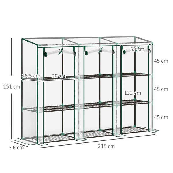 3 Tier Lean-to Mini Greenhouse with Reinforced Plastic Cover, Portable Indoor Outdoor Green House with 3 Roll-up Doors and 9 Wire Shelves, 151H x 215W x 46Dcm, Clear