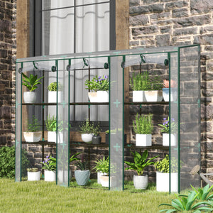 3 Tier Lean-to Mini Greenhouse with Reinforced Plastic Cover, Portable Indoor Outdoor Green House with 3 Roll-up Doors and 9 Wire Shelves, 151H x 215W x 46Dcm, Clear