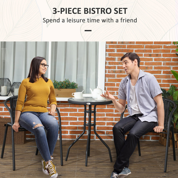 3 Pieces Rattan Bistro Set, 2 Seater Garden Furniture Set with Coffee Table and Stackable Chairs, Wicker Outdoor Table and Chairs for Garden, Porch, Balcony, Black