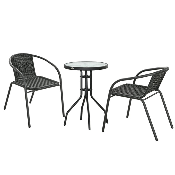 3 Pieces Rattan Bistro Set, 2 Seater Garden Furniture Set with Coffee Table and Stackable Chairs, Wicker Outdoor Table and Chairs for Garden, Porch, Balcony, Black