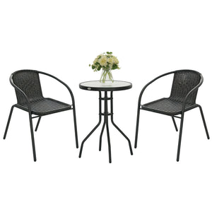 3 Pieces Rattan Bistro Set, 2 Seater Garden Furniture Set with Coffee Table and Stackable Chairs, Wicker Outdoor Table and Chairs for Garden, Porch, Balcony, Black