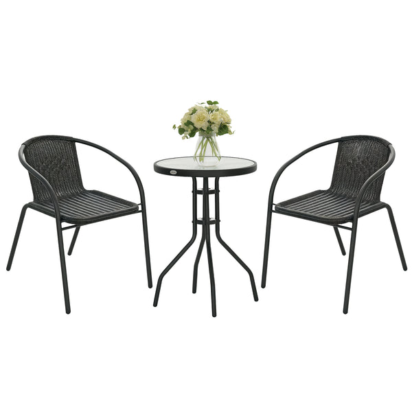 3 Pieces Rattan Bistro Set, 2 Seater Garden Furniture Set with Coffee Table and Stackable Chairs, Wicker Outdoor Table and Chairs for Garden, Porch, Balcony, Black