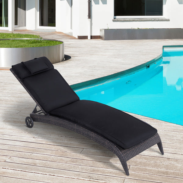 Garden Sun Lounger Cushion Replacement Thick Sunbed Reclining Chair Relaxer Pad with Pillow - Black