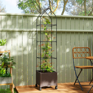 Raised Garden Bed with Trellis, Tomato Cage with Lockable Wheels, Self Watering Planter Box with Drainage Holes and Plugs for Outdoor Patio Climbing Plants, Vines, Vegetables, Flowers, Brown