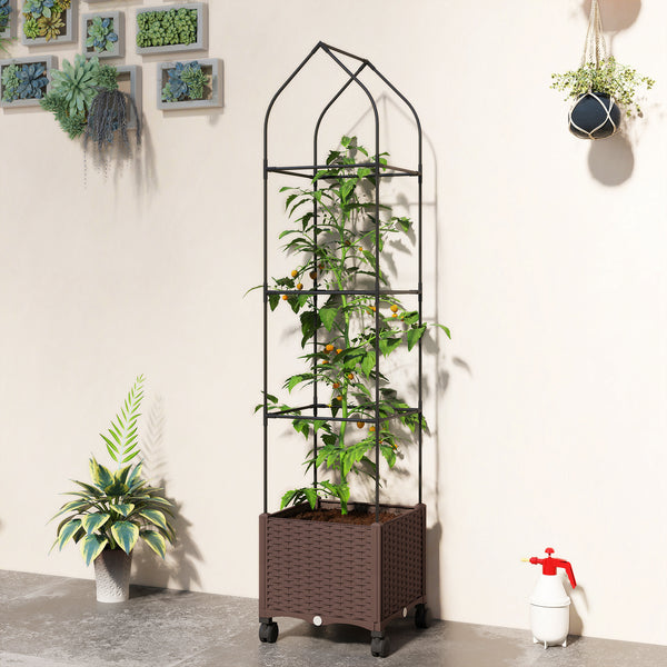 Raised Garden Bed with Trellis, Tomato Cage with Lockable Wheels, Self Watering Planter Box with Drainage Holes and Plugs for Outdoor Patio Climbing Plants, Vines, Vegetables, Flowers, Brown