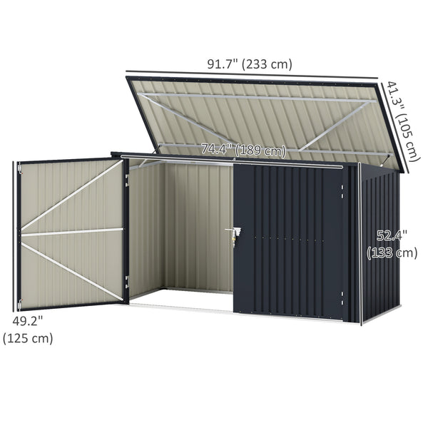 7.6 x 3.4ft Garbage Bin Shed for 3 Trash Cans, Outdoor Trash Can Storage Shed, Horizontal Outdoor Storage Shed with Lockable Double Doors and Openable Lid