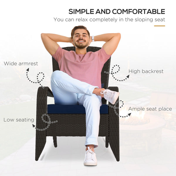 Patio Wicker Adirondack Chair, PE Rattan Outdoor Muskoka Chair, Fire Pit Chair with Cushions for Patio, Garden, Backyard, Poolside, Balcony, Deck, Dark Blue