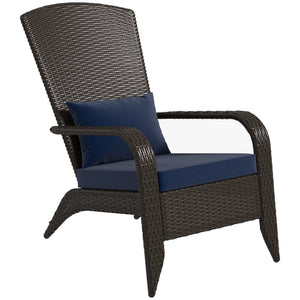 Patio Wicker Adirondack Chair, PE Rattan Outdoor Muskoka Chair, Fire Pit Chair with Cushions for Patio, Garden, Backyard, Poolside, Balcony, Deck, Dark Blue