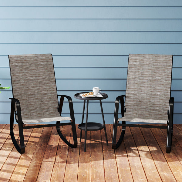 Outdoor Rocking Chairs Set of 2, Patio Rocking Chairs with Breathable Seat, Ergonomic Steel Frame Rocker with High Backrest, Armrests for Backyard, Garden, Light Brown