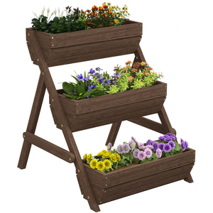 3 Tier 66L Raised Garden Bed Wooden Elevated Planter Box Kit for Flower, Vegetable, Herb, 65 x 75 x 76cm, Tan