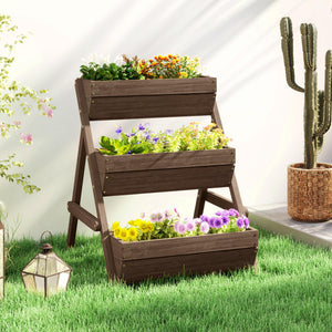 3 Tier 66L Raised Garden Bed Wooden Elevated Planter Box Kit for Flower, Vegetable, Herb, 65 x 75 x 76cm, Tan