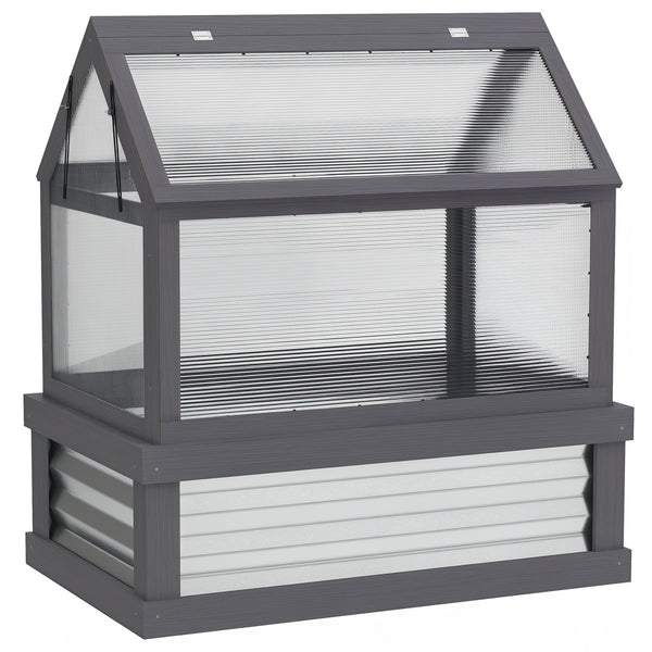 Raised Garden Bed with Polycarbonate Greenhouse, Wooden Cold Frame Greenhouse, Garden Flower Planter Protection, Peak Roof, 35.5" x 22.5" x 38.25", Gray