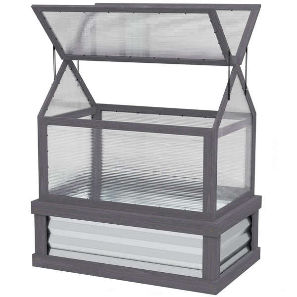 Raised Garden Bed with Polycarbonate Greenhouse, Wooden Cold Frame Greenhouse, Garden Flower Planter Protection, Peak Roof, 35.5" x 22.5" x 38.25", Gray