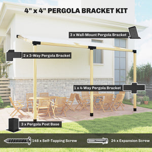 Pergola Kit, 15° Slanted Roof Pergola Bracket Kit with 4-Way/3-Way Corner Brackets, Post Bases, Wall Mounts for 4"x 4" (Actual 3.6" X 3.6") Lumber, 9 PCS DIY Hardware with Screws, Black