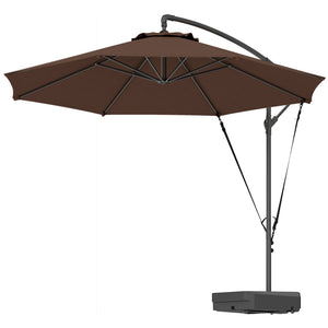 3(m) Garden Cantilever Parasol with Fillable Base, Wind Protection Strap, Cover, Round Banana Hanging Umbrella with Crank Handle and Tilt, Patio Umbrella for Outdoor Sun Shade, UPF50+, Brown