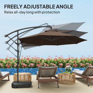 3(m) Garden Cantilever Parasol with Fillable Base, Wind Protection Strap, Cover, Round Banana Hanging Umbrella with Crank Handle and Tilt, Patio Umbrella for Outdoor Sun Shade, UPF50+, Brown