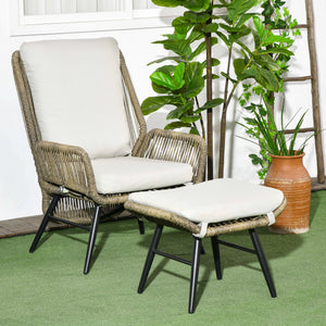 2 Pieces PE Rattan Patio Leisure Chair Set with Adjustable Backrest, Outdoor Reclining Patio Chair and Footrest with Cushion, Khaki