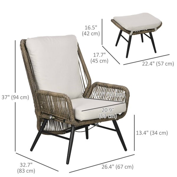 2 Pieces PE Rattan Patio Leisure Chair Set with Adjustable Backrest, Outdoor Reclining Patio Chair and Footrest with Cushion, Khaki