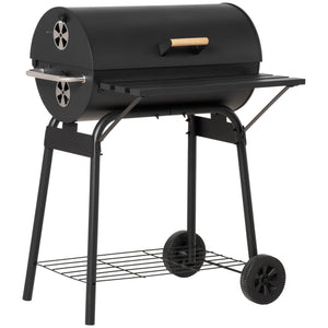 30" Portable Barrel Charcoal BBQ Grill, Steel Outdoor Barbecue Smoker with 370 Square Inches Cooking Space, Storage Shelf, Wheels for Garden Camping Picnic, Black