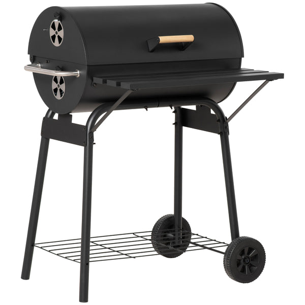 30" Portable Barrel Charcoal BBQ Grill, Steel Outdoor Barbecue Smoker with 370 Square Inches Cooking Space, Storage Shelf, Wheels for Garden Camping Picnic, Black