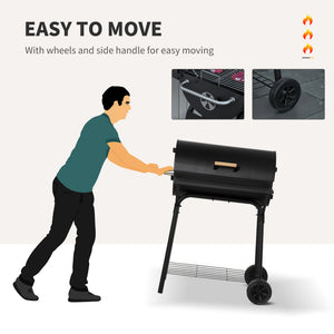 30" Portable Barrel Charcoal BBQ Grill, Steel Outdoor Barbecue Smoker with 370 Square Inches Cooking Space, Storage Shelf, Wheels for Garden Camping Picnic, Black