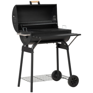 30" Portable Barrel Charcoal BBQ Grill, Steel Outdoor Barbecue Smoker with 370 Square Inches Cooking Space, Storage Shelf, Wheels for Garden Camping Picnic, Black