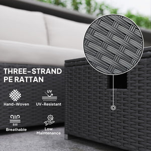 5 Piece Rattan Garden Furniture Set with Gas Fire Pit Table, 4 Seater Outdoor Sectional Sofa Set with Footstool and Removable Cushions, Modular Combination, Black and Cream White