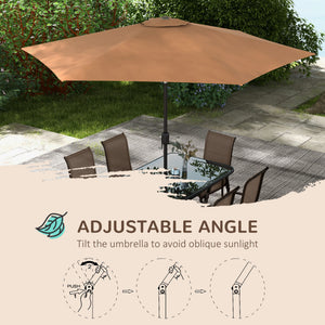 8 Pieces Patio Table and Chairs Set with 9 Ft Patio Umbrella, Outdoor Dining Set with 4.5 Ft Dining Table and 6 Chairs, Push Button Tilt and Crank Parasol, Tempered Glass Top, Mixed Brown